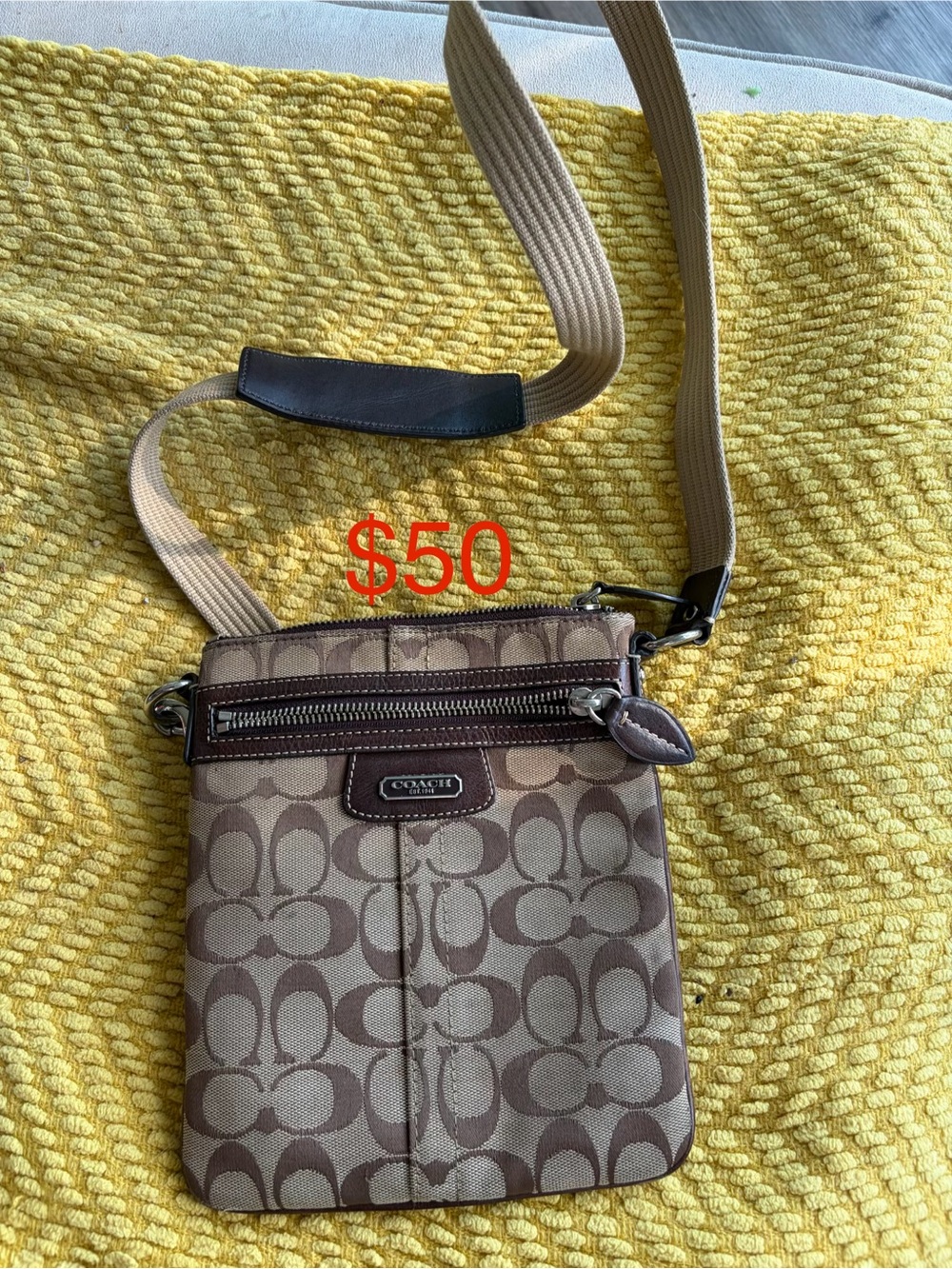 Coach Small Signature Crossbody in Brown and Tan